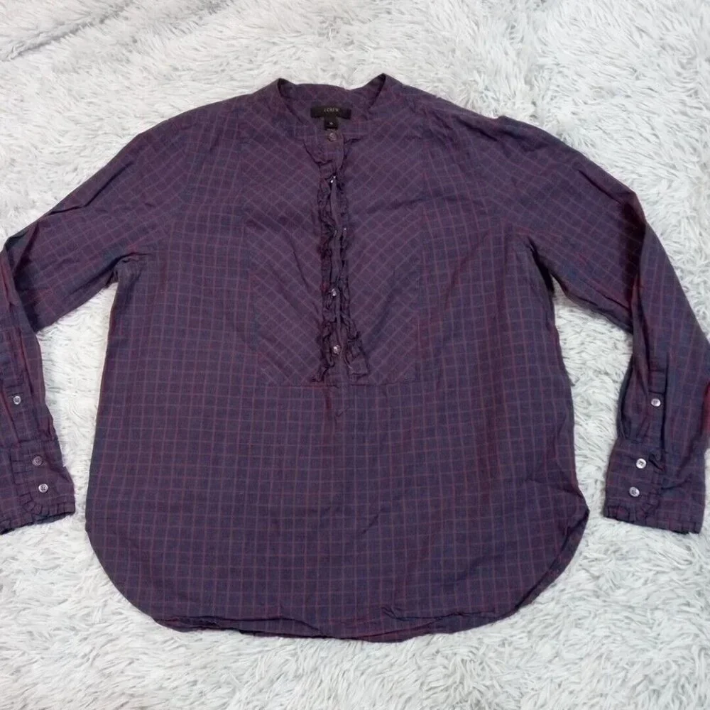 J. Crew Womens Shirt Blue 10 Ruffle Top Career Casual Comfort Check Buttons - Picture 1 of 10